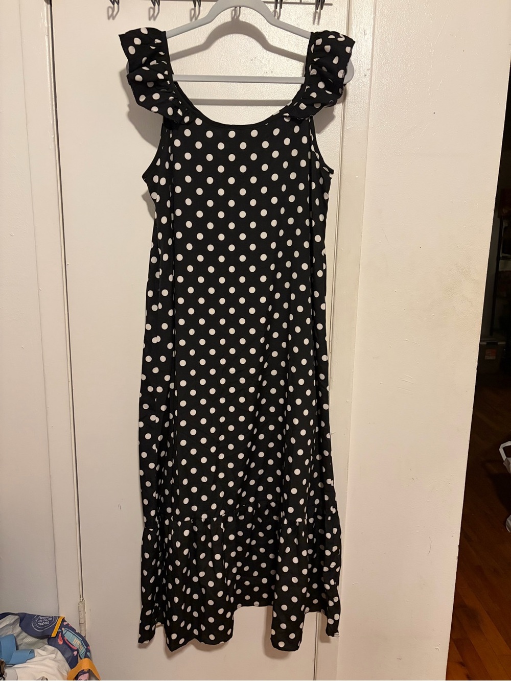 Black and White Polka Dot Ruffle-Shoulder Maxi Dress